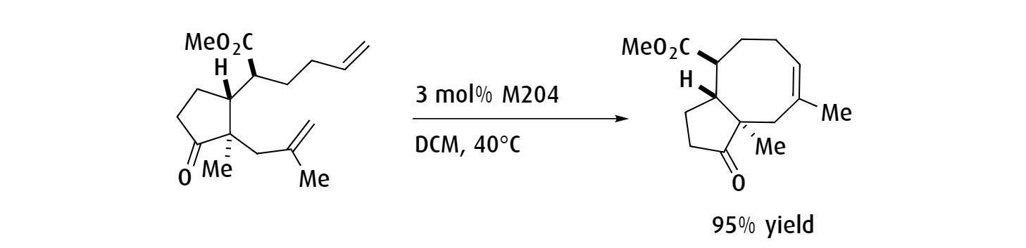 Ring-closing metathesis to yield the synthesis of an 8-membered ring structure of serpendione.